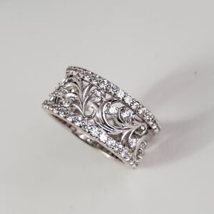 Sterling Silver 925 Filigree Diamond Simulant Eternity Band